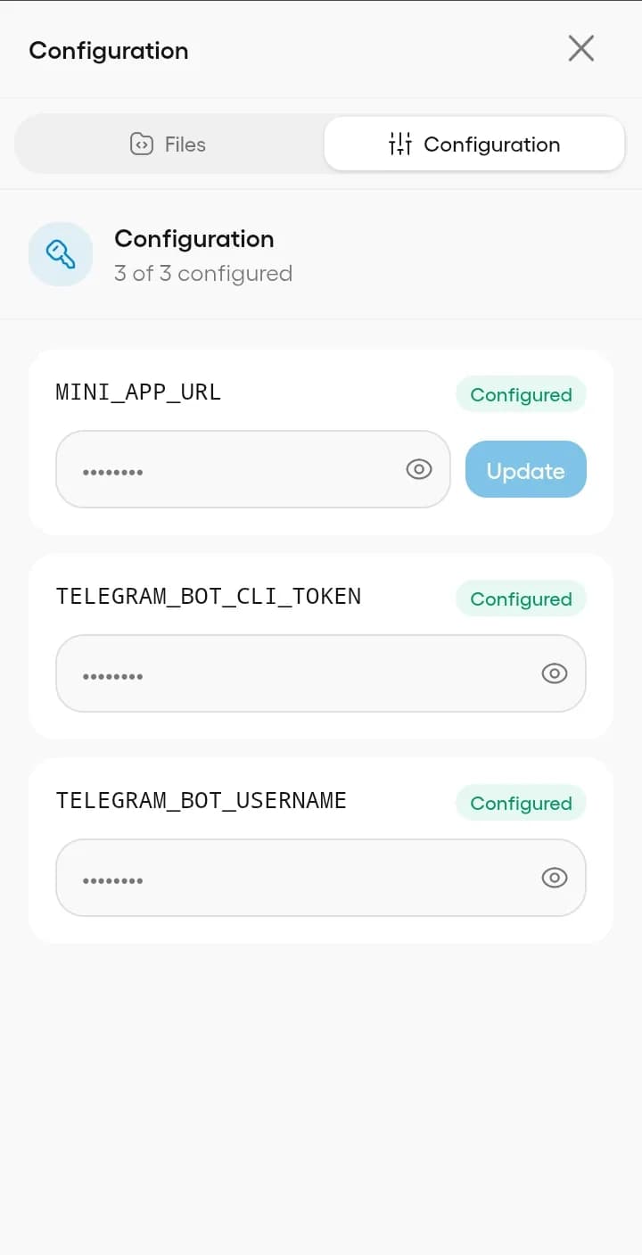 GramCode configuration panel with three masked variable values, each marked configured.