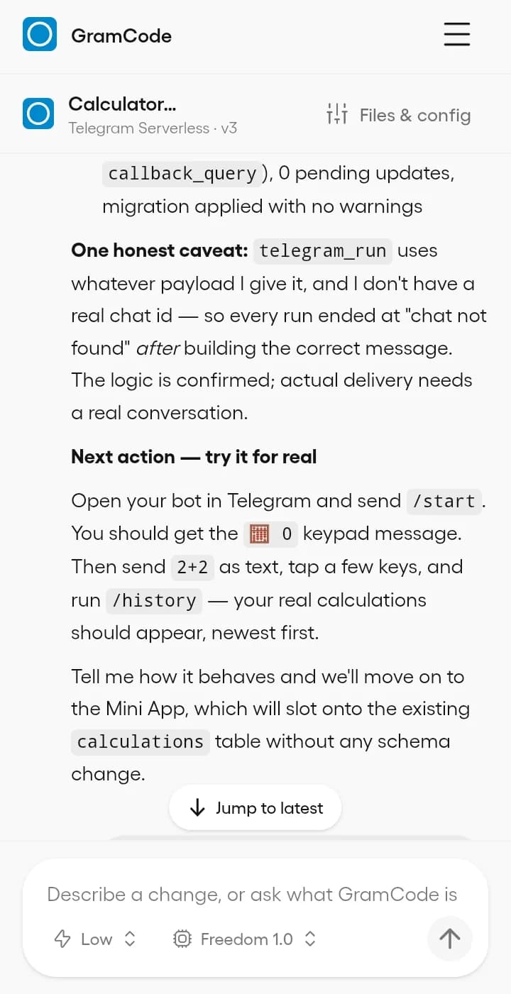 GramCode mobile workspace showing the Calculator Bot conversation and composer.